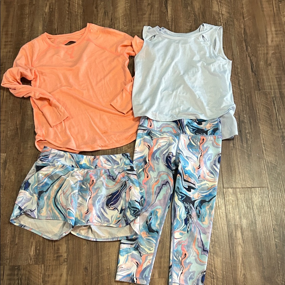 Athleta Kids Two-Piece Active Set in Coral, Light Blue, and Multicolor Marble